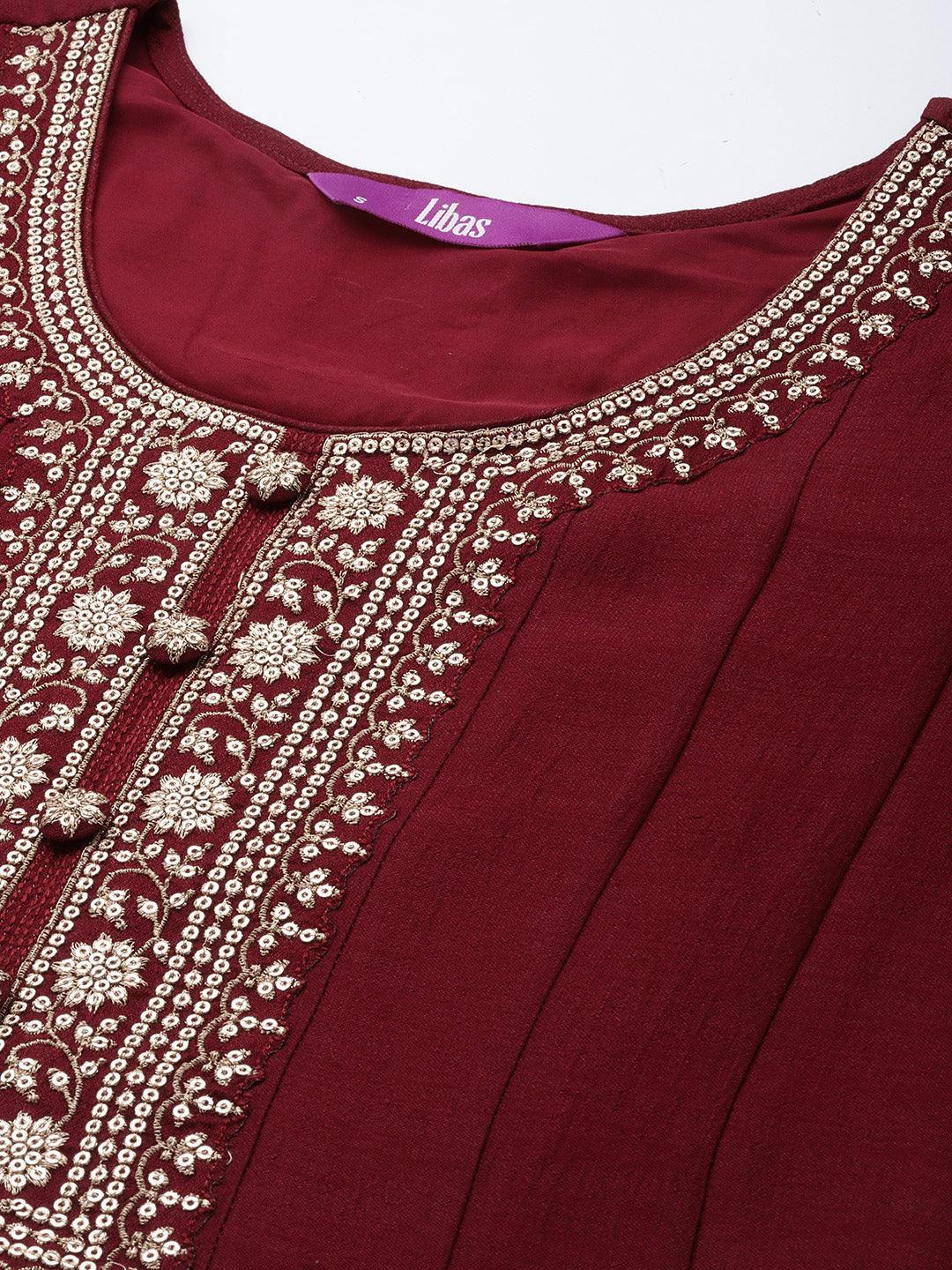 Maroon Yoke Design Silk Blend Anarkali Suit Set