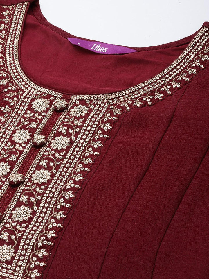 Maroon Yoke Design Silk Blend Anarkali Suit Set - ShopLibas