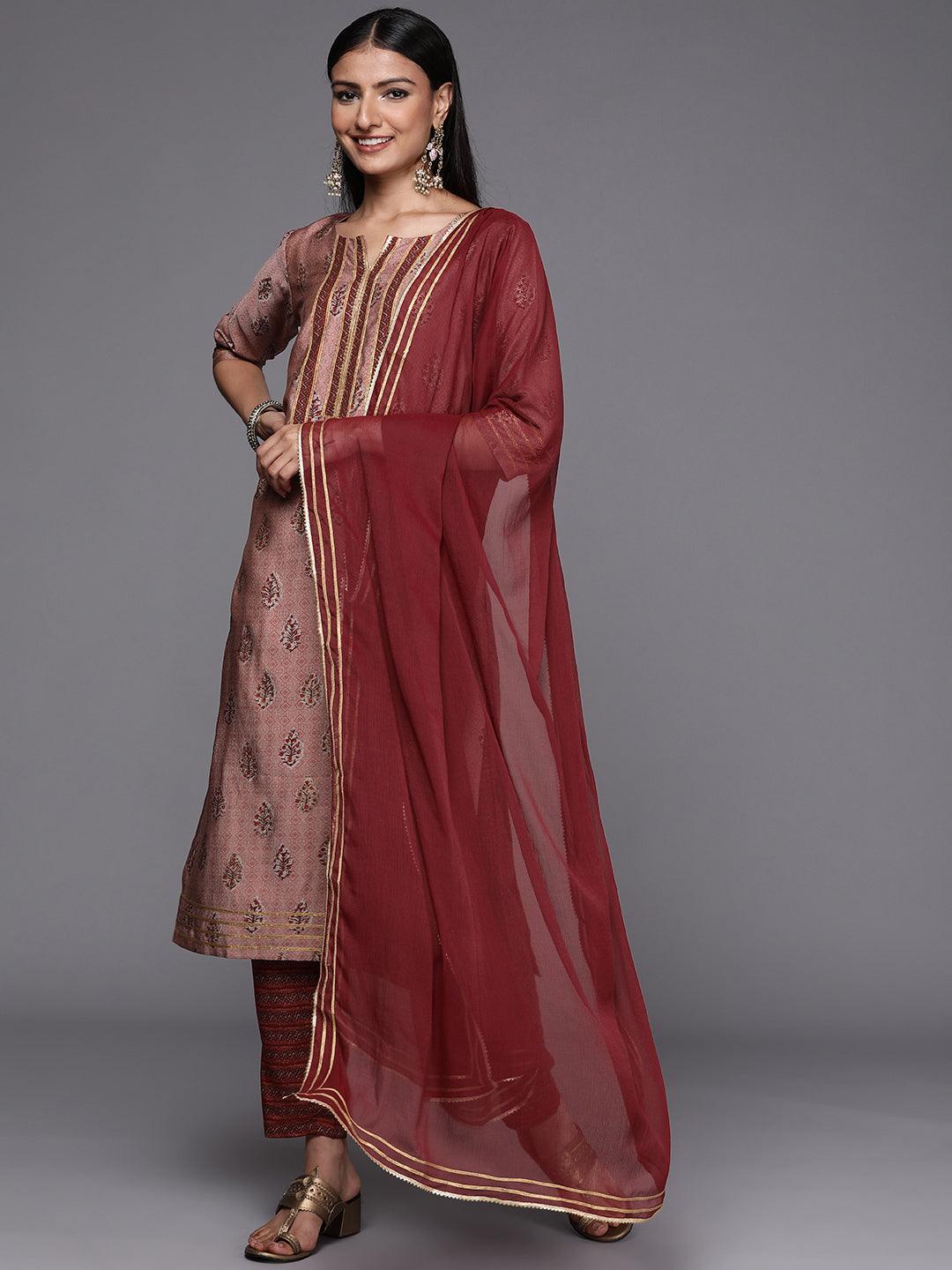 Maroon Yoke Design Silk Blend Straight Suit Set