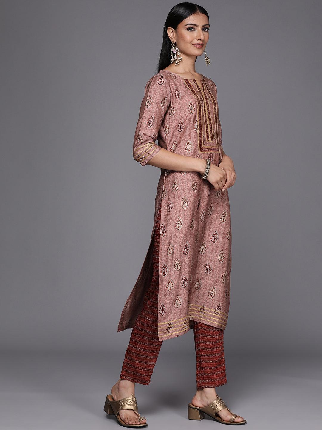 Maroon Yoke Design Silk Blend Straight Suit Set