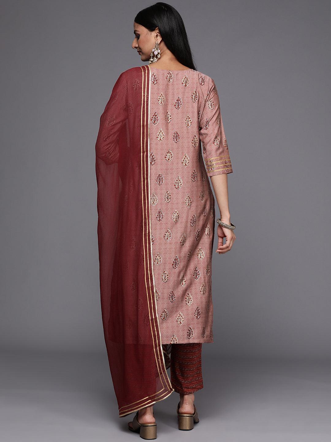 Maroon Yoke Design Silk Blend Straight Suit Set