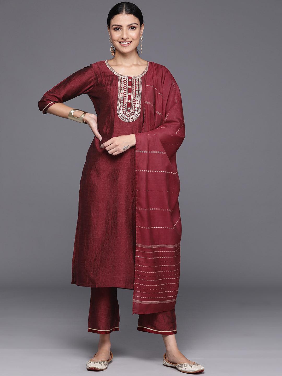 Maroon Yoke Design Silk Blend Straight Kurta With Trousers & Dupatta