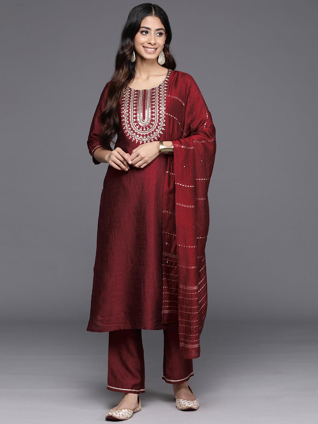 Maroon Yoke Design Silk Blend Straight Kurta With Trousers & Dupatta