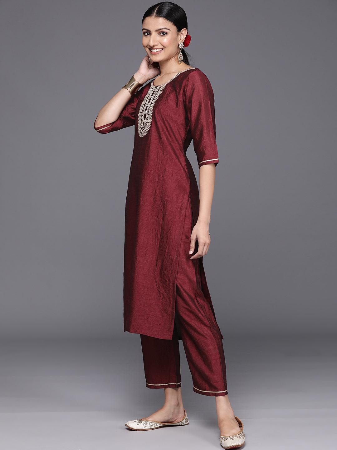 Maroon Yoke Design Silk Blend Straight Kurta With Trousers & Dupatta