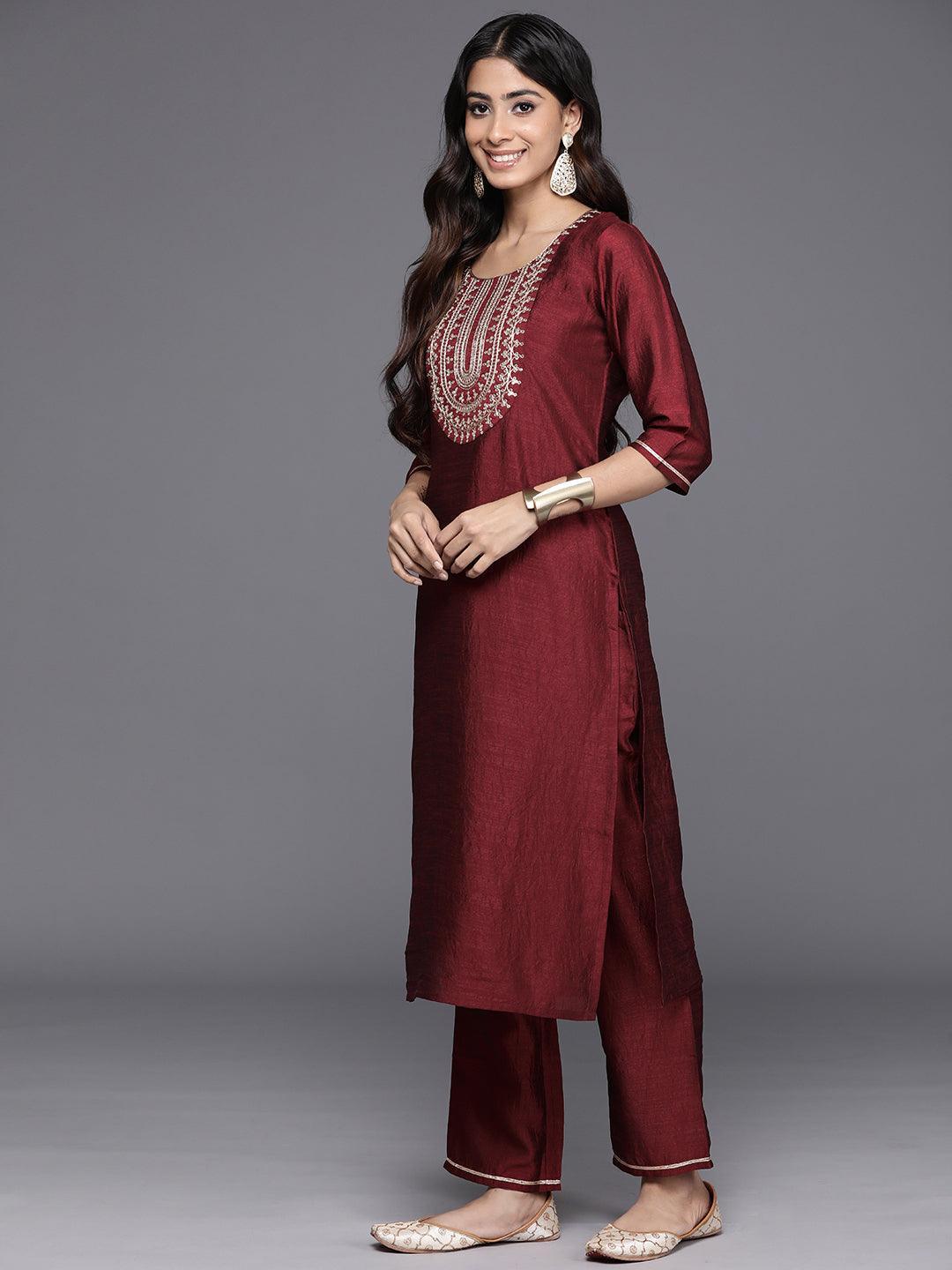 Maroon Yoke Design Silk Blend Straight Kurta With Trousers & Dupatta