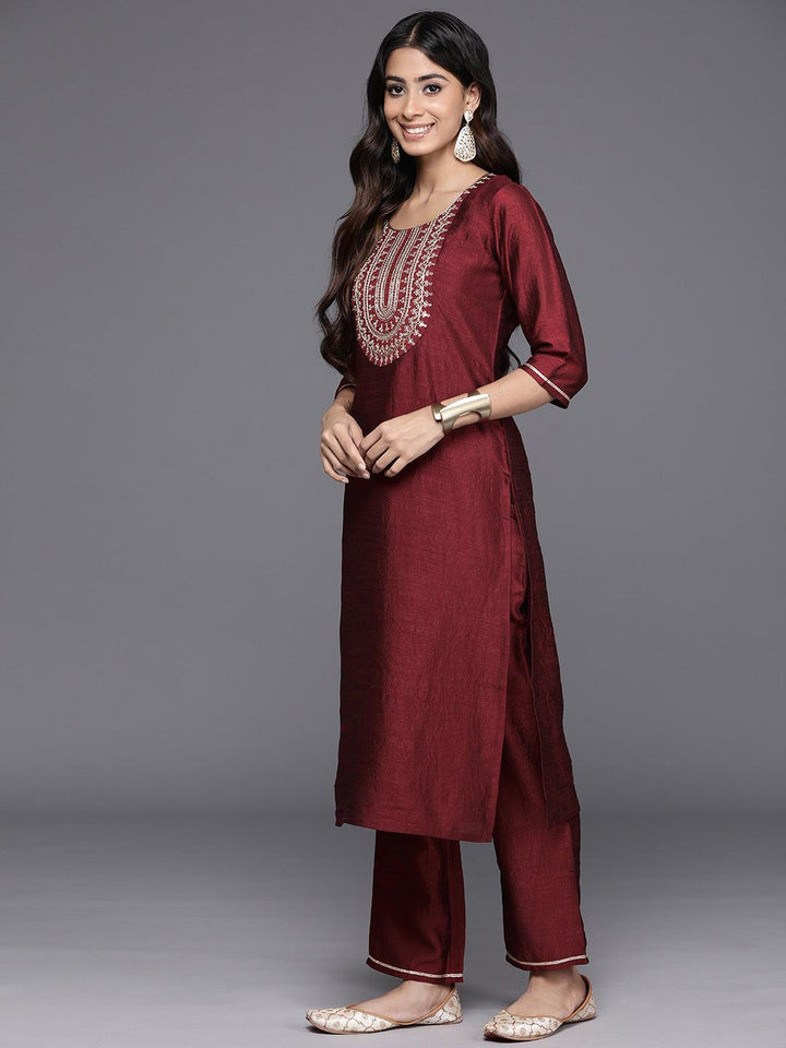 Maroon Yoke Design Silk Blend Straight Kurta With Trousers & Dupatta - Libas