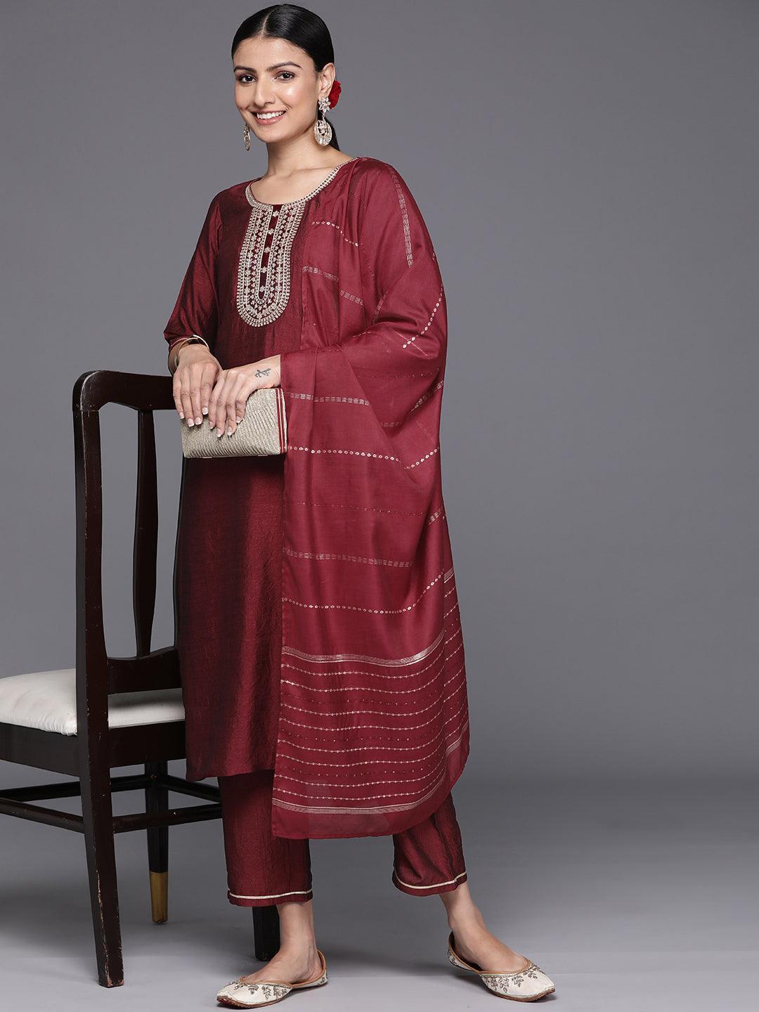 Maroon Yoke Design Silk Blend Straight Kurta With Trousers & Dupatta