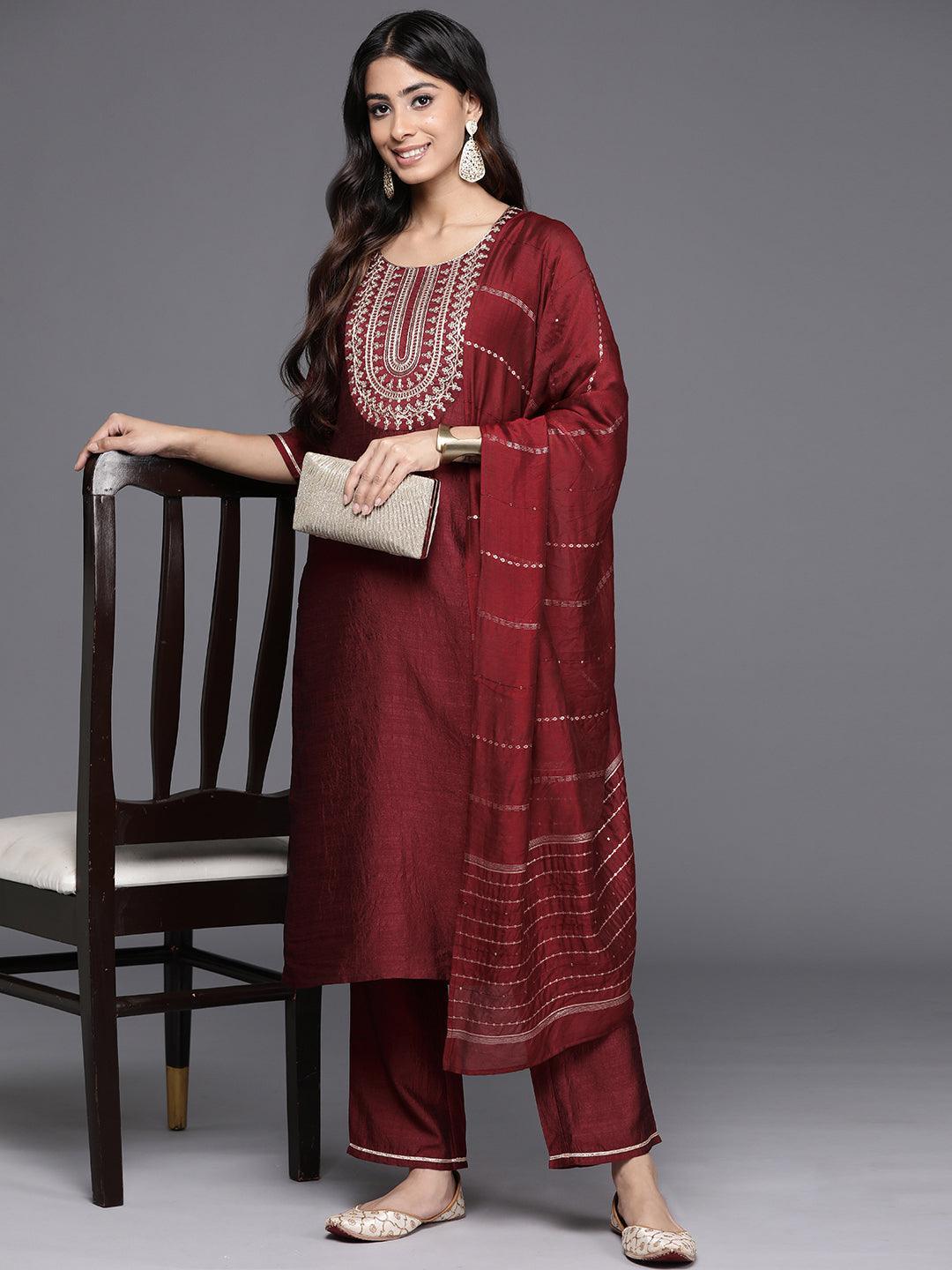 Maroon Yoke Design Silk Blend Straight Kurta With Trousers & Dupatta