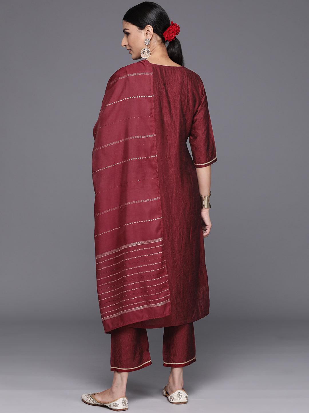 Maroon Yoke Design Silk Blend Straight Kurta With Trousers & Dupatta