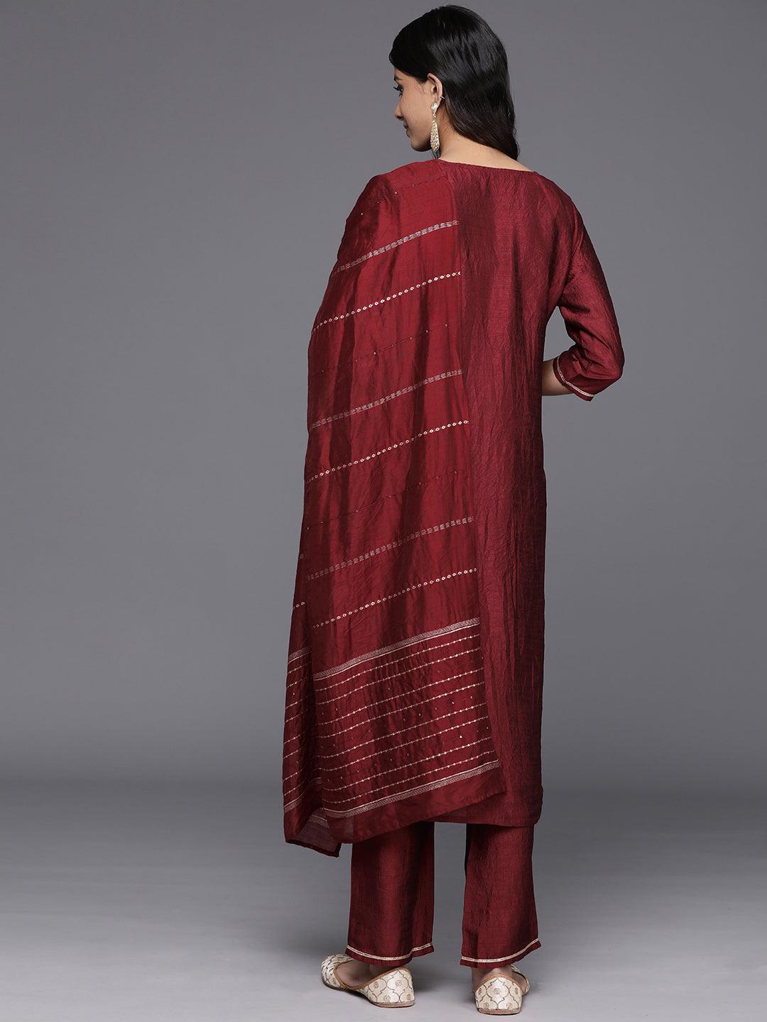 Maroon Yoke Design Silk Blend Straight Kurta With Trousers & Dupatta