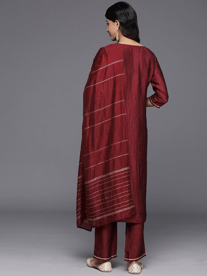 Maroon Yoke Design Silk Blend Straight Kurta With Trousers & Dupatta - Libas