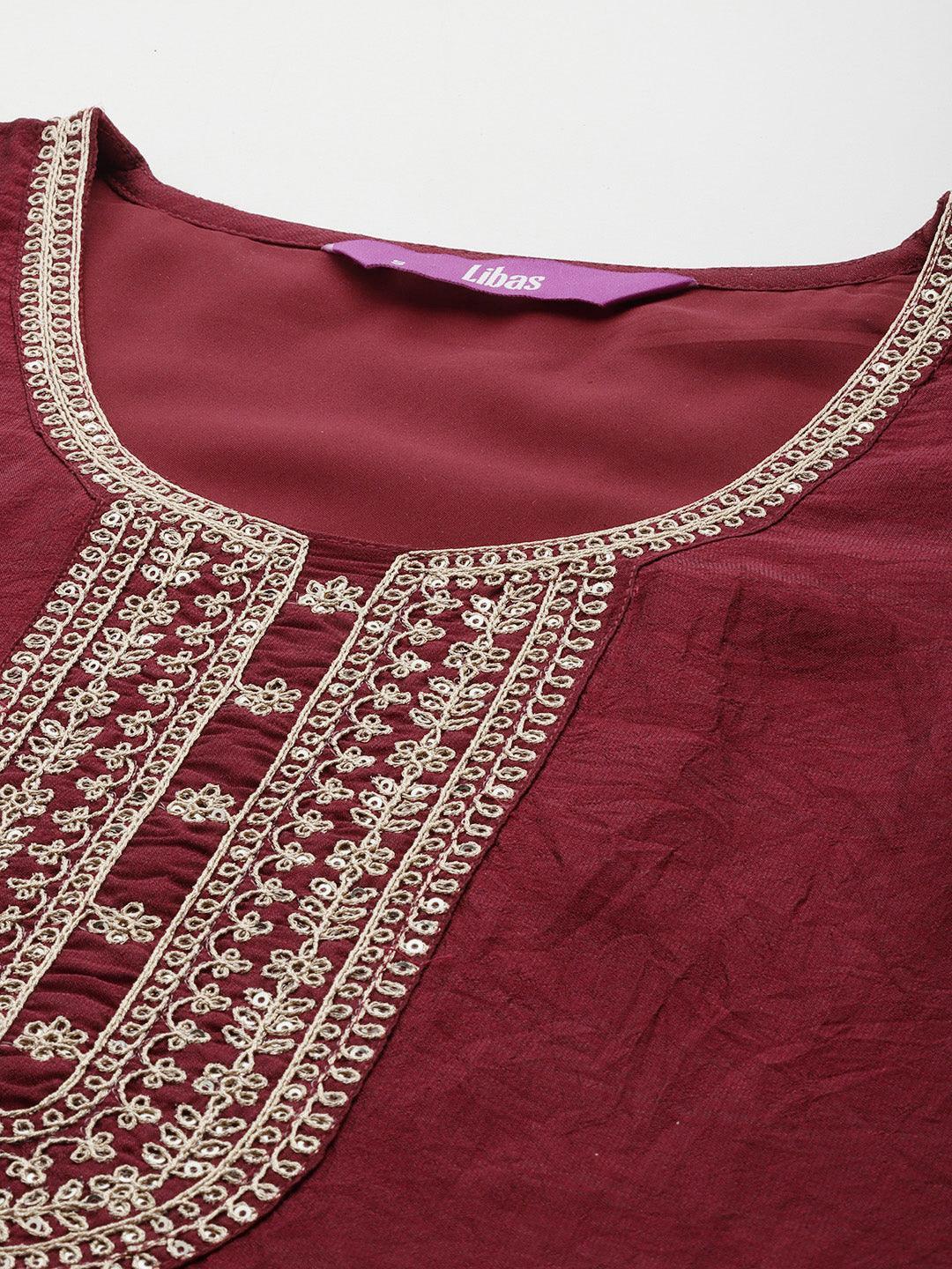 Maroon Yoke Design Silk Blend Straight Kurta With Trousers & Dupatta