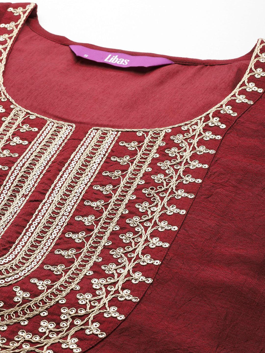 Maroon Yoke Design Silk Blend Straight Kurta With Trousers & Dupatta