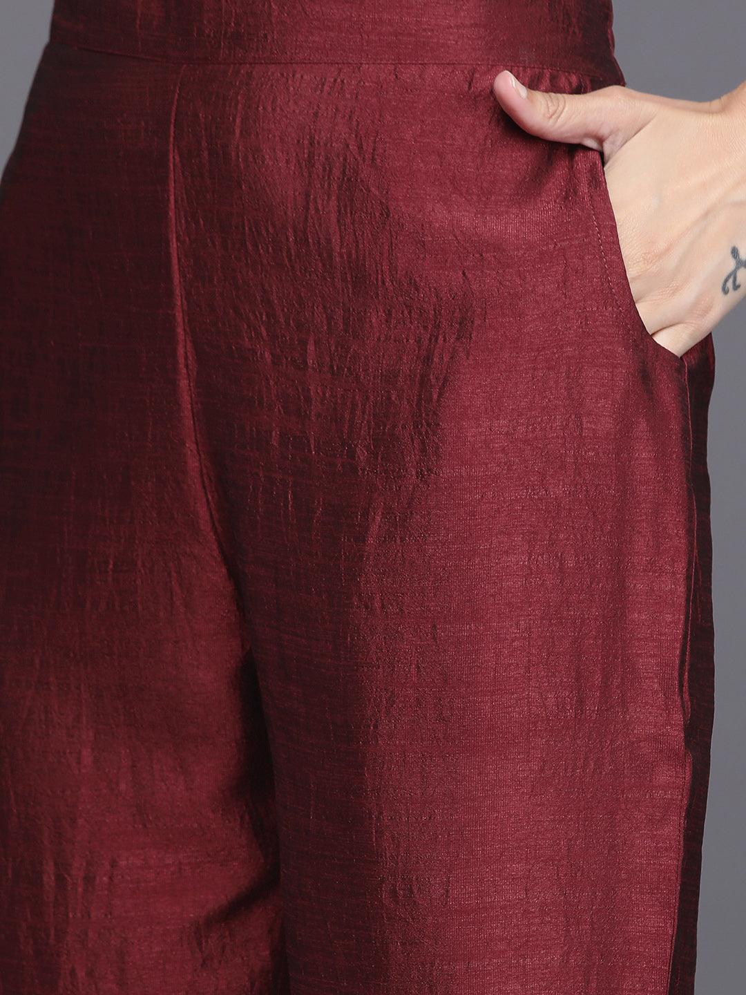 Maroon Yoke Design Silk Blend Straight Kurta With Trousers & Dupatta