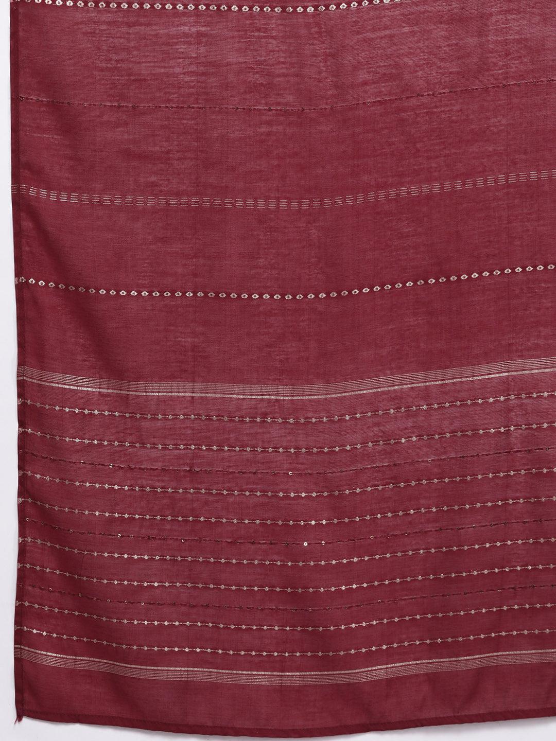 Maroon Yoke Design Silk Blend Straight Kurta With Trousers & Dupatta