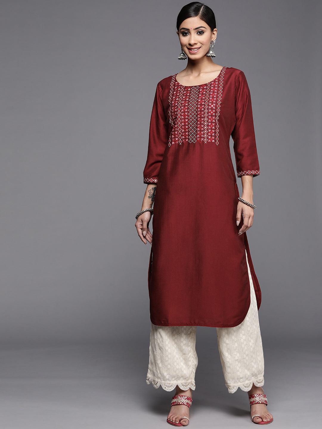 Maroon Yoke Design Silk Kurta - ShopLibas