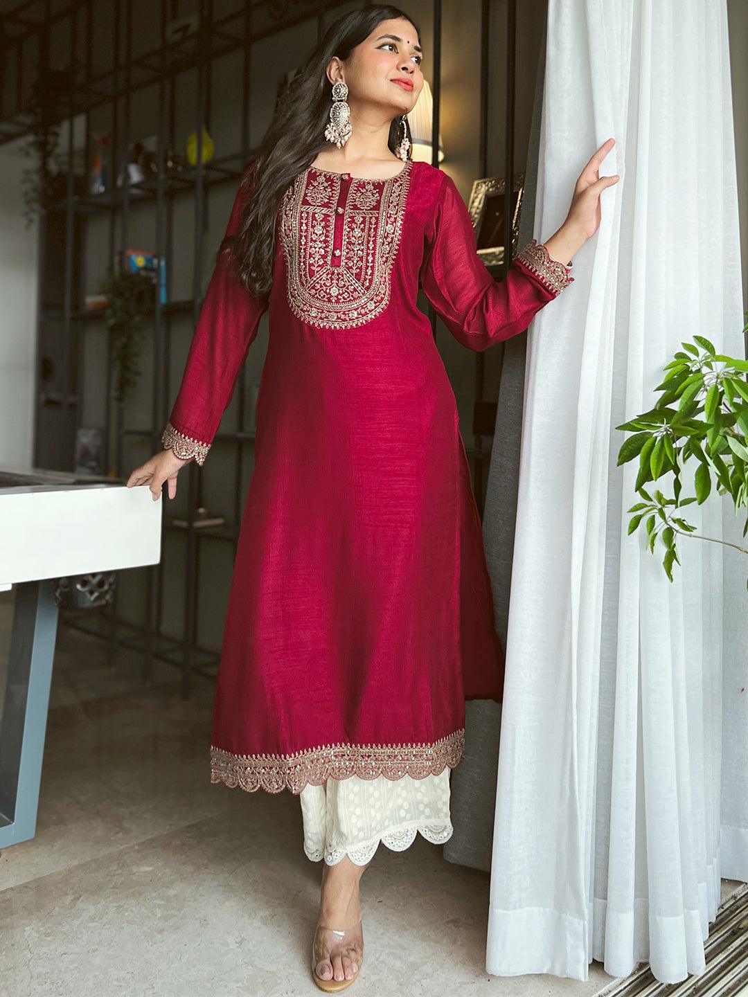 Maroon Yoke Design Silk Kurta - ShopLibas