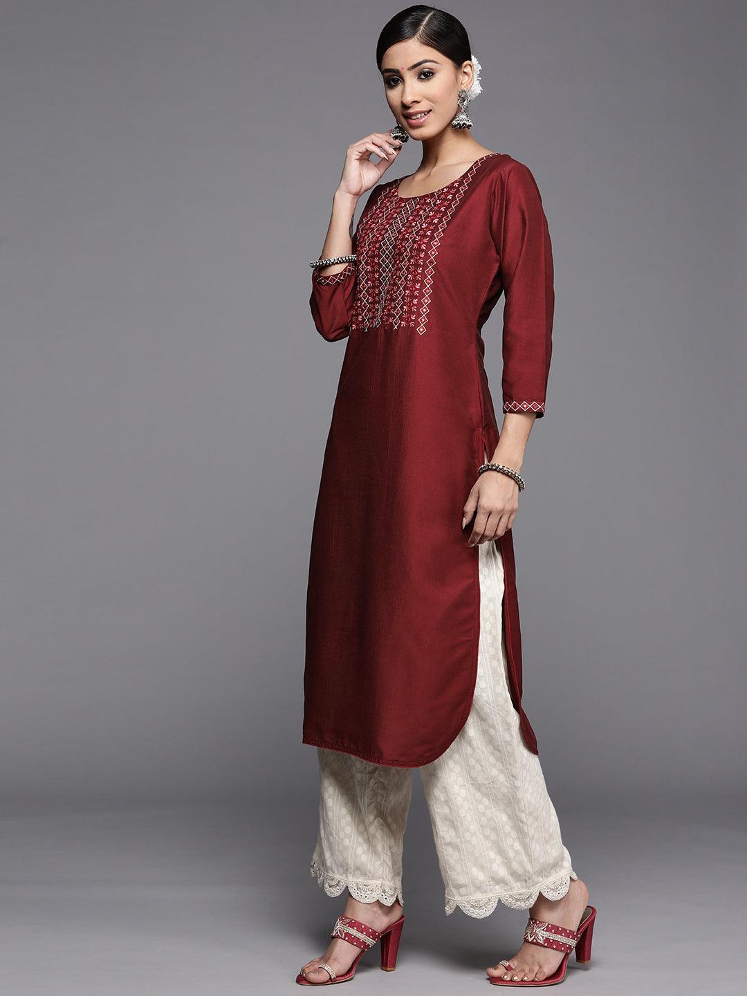 Maroon Yoke Design Silk Kurta - ShopLibas