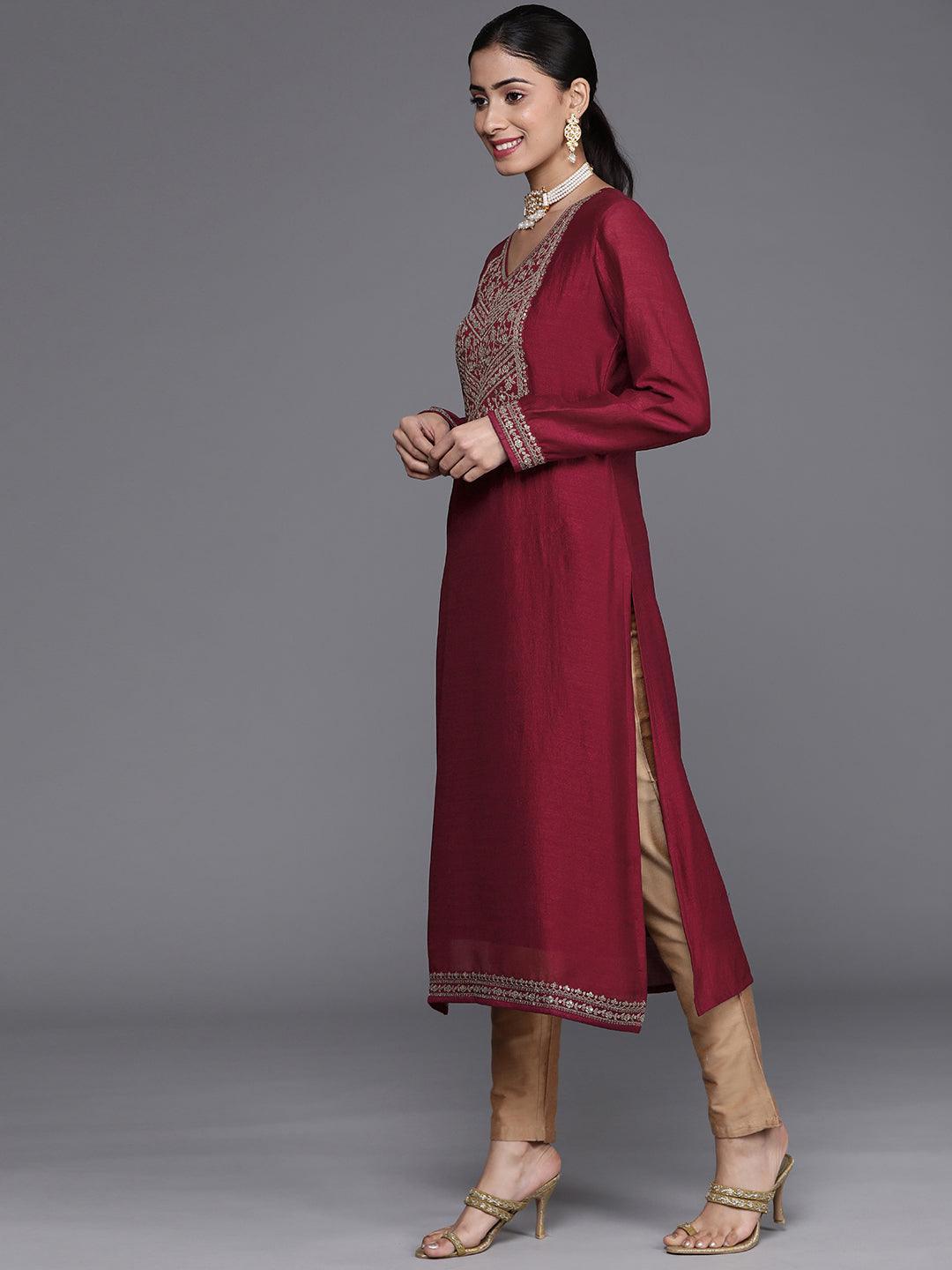 Maroon Yoke Design Silk Kurta