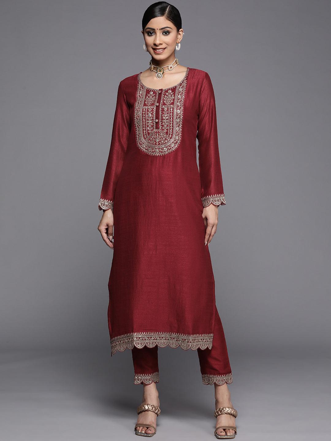 Maroon Yoke Design Silk Kurta - ShopLibas