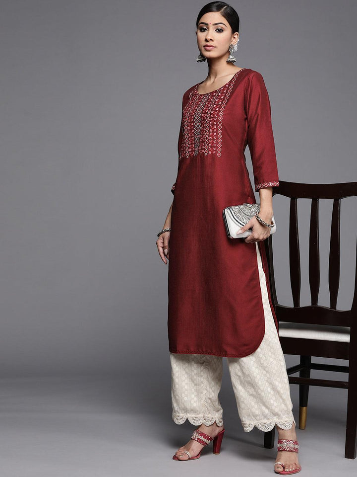 Maroon Yoke Design Silk Kurta - ShopLibas