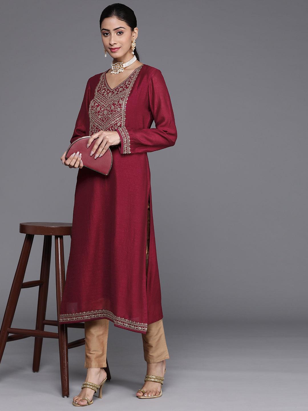 Maroon Yoke Design Silk Kurta