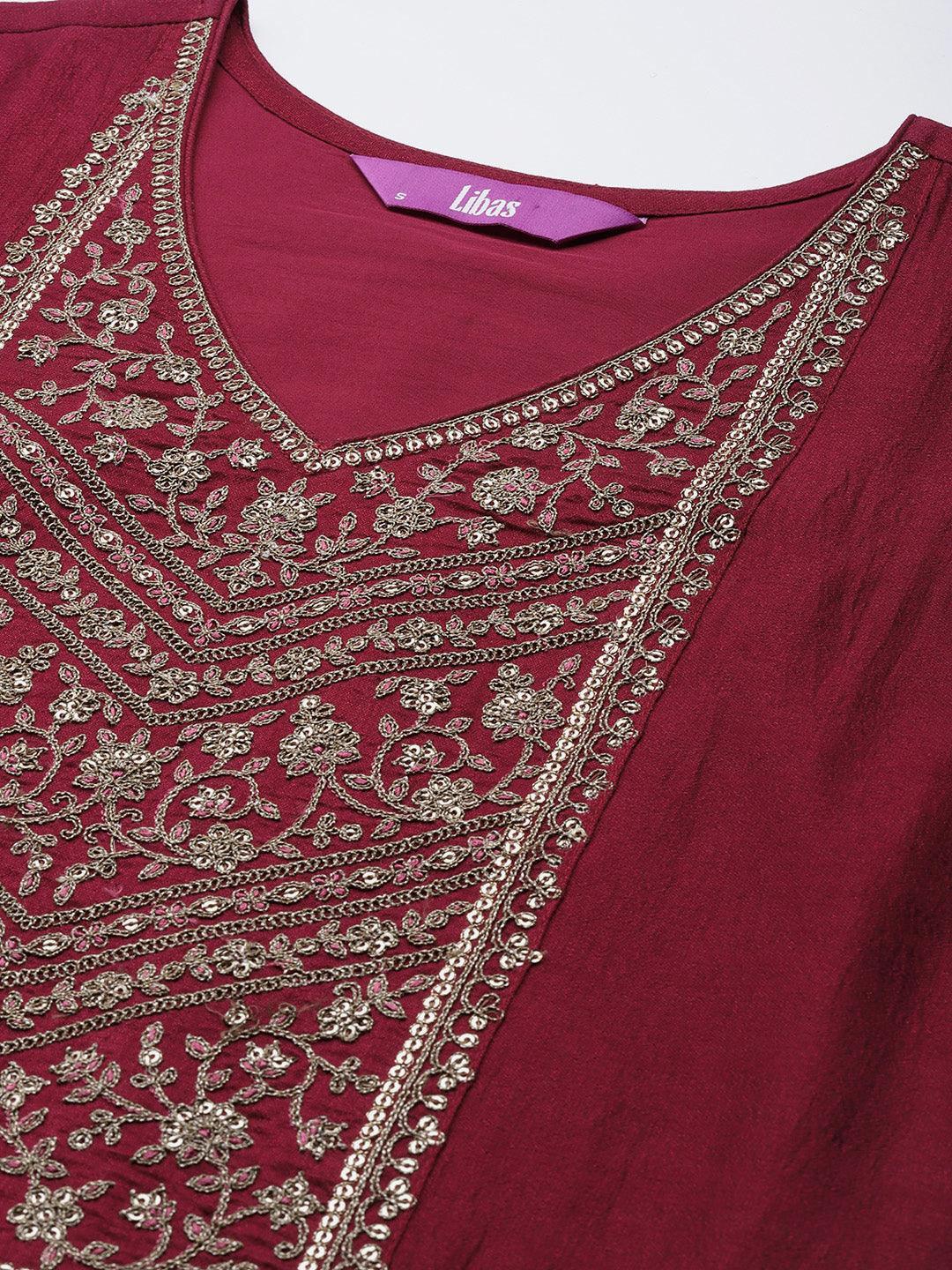 Maroon Yoke Design Silk Kurta - ShopLibas