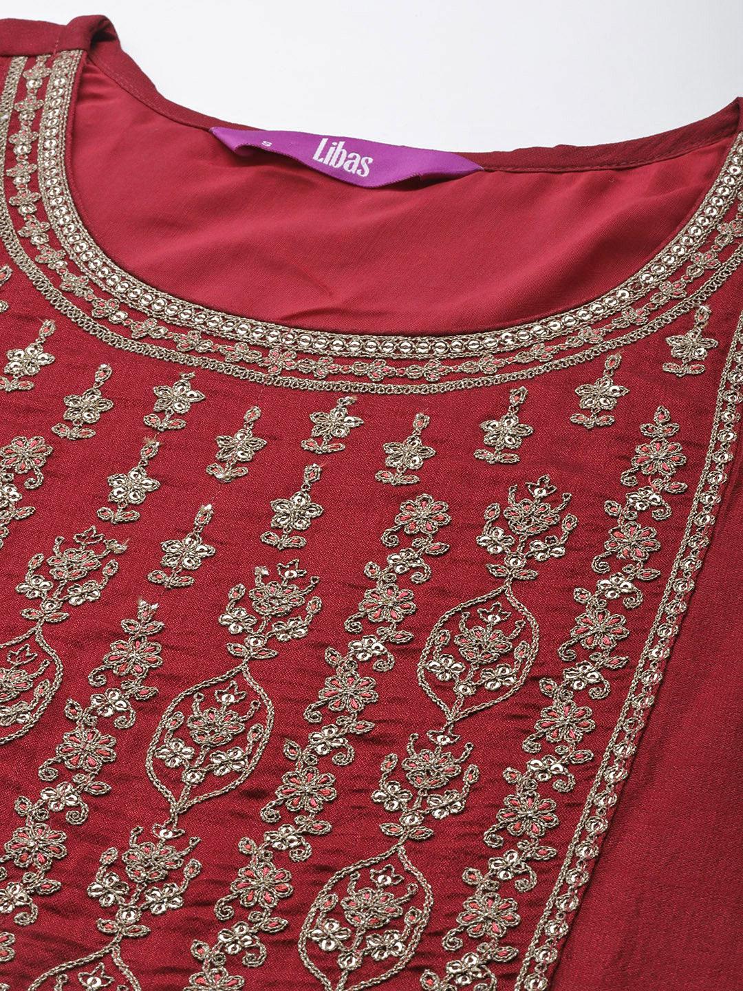 Maroon Yoke Design Silk Kurta - ShopLibas