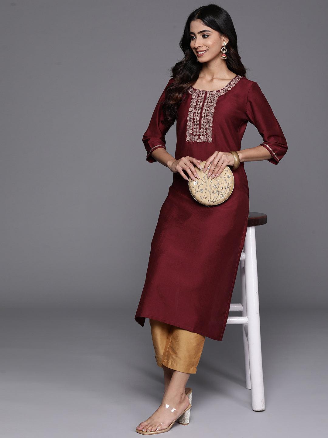 Maroon Yoke Design Silk Straight Kurta