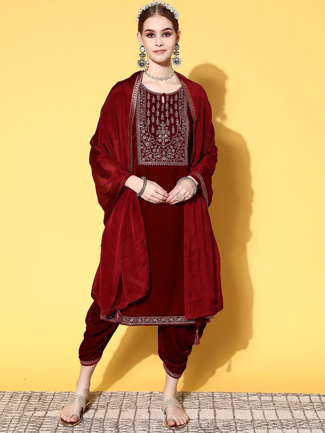 Maroon Yoke Design Velvet Straight Suit Set