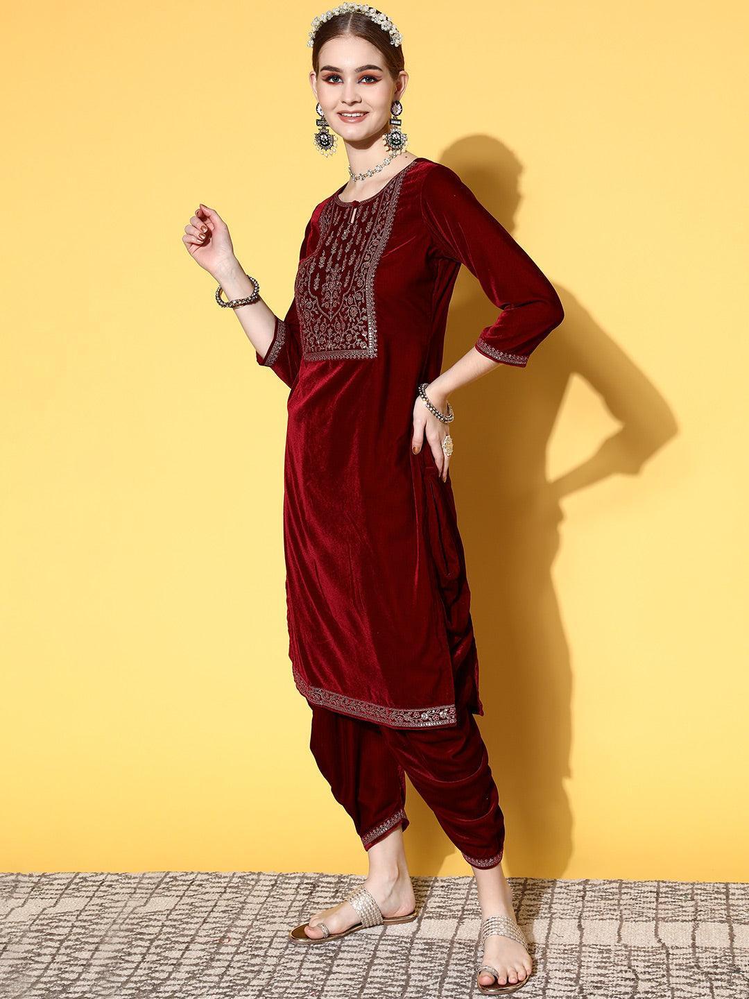 Maroon Yoke Design Velvet Straight Suit Set