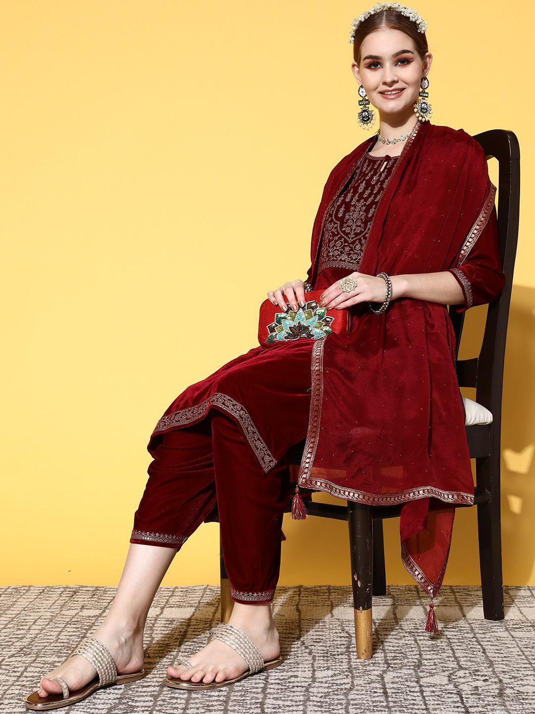 Maroon Yoke Design Velvet Straight Suit Set