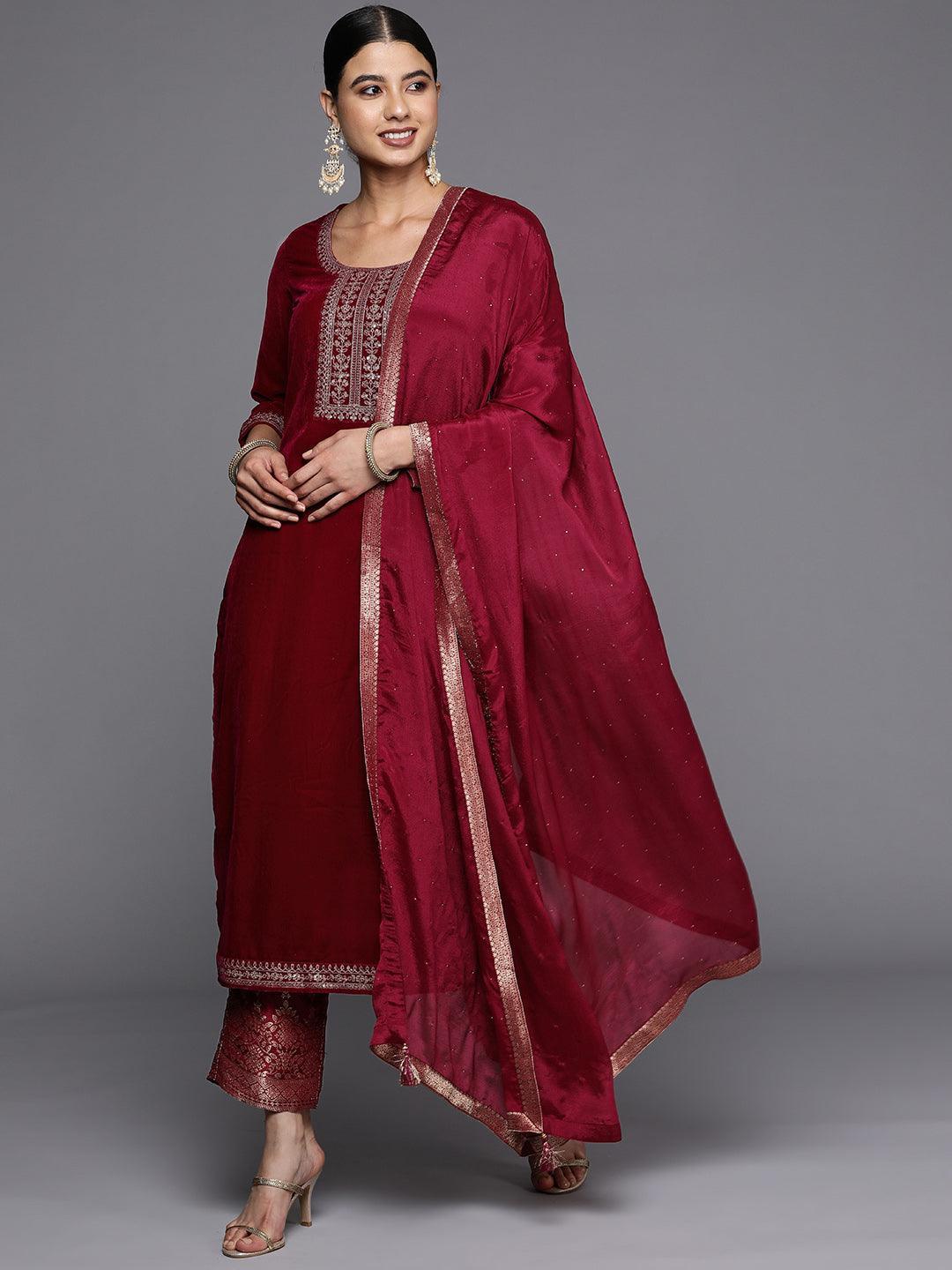 Maroon Yoke Design Velvet Straight Suit Set