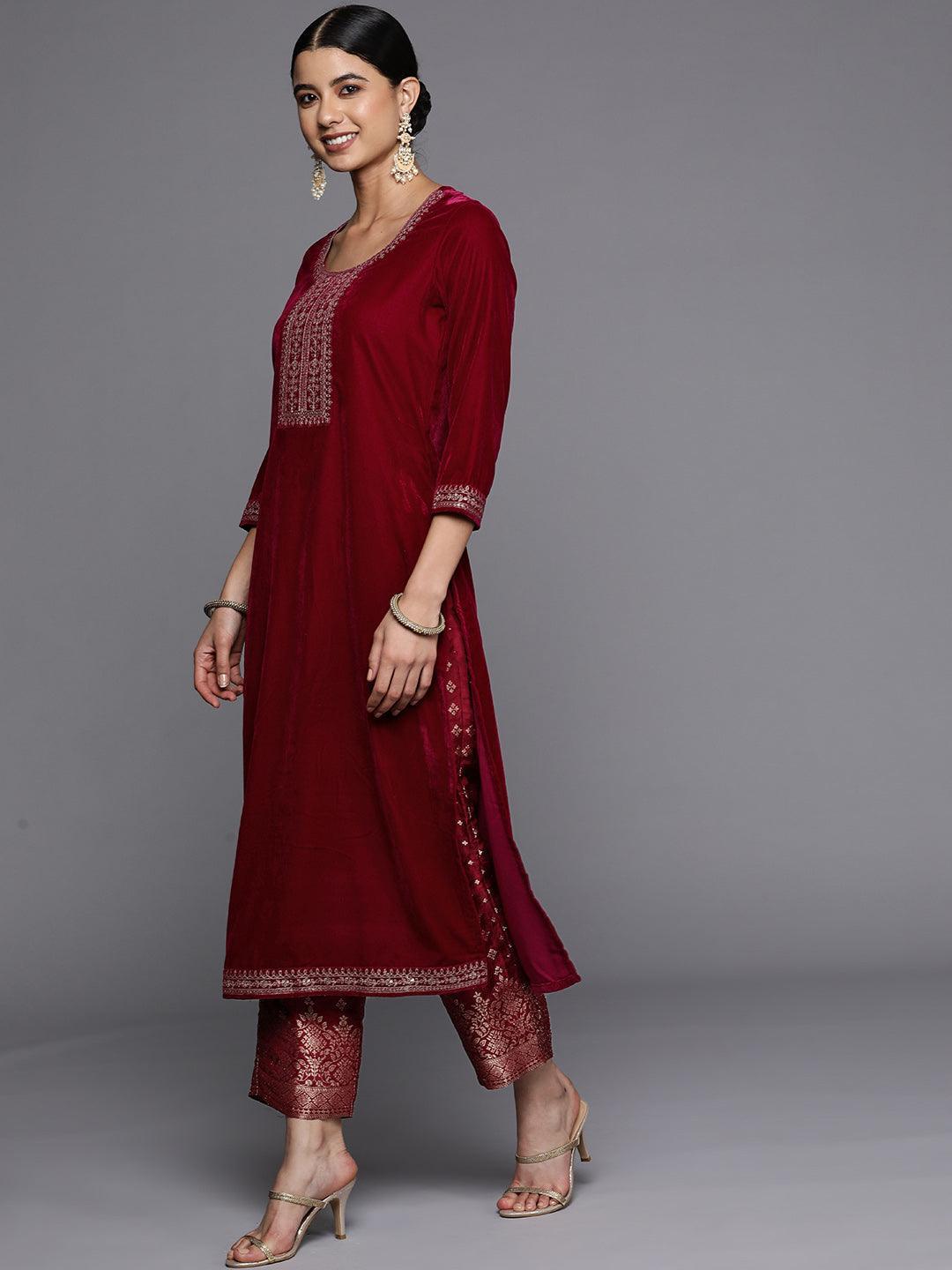 Maroon Yoke Design Velvet Straight Suit Set