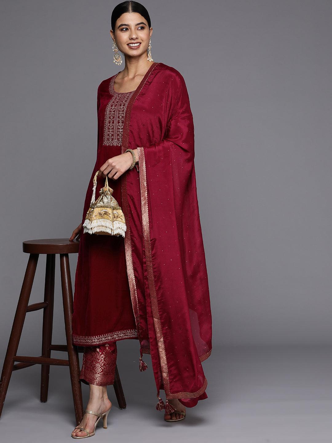 Maroon Yoke Design Velvet Straight Suit Set