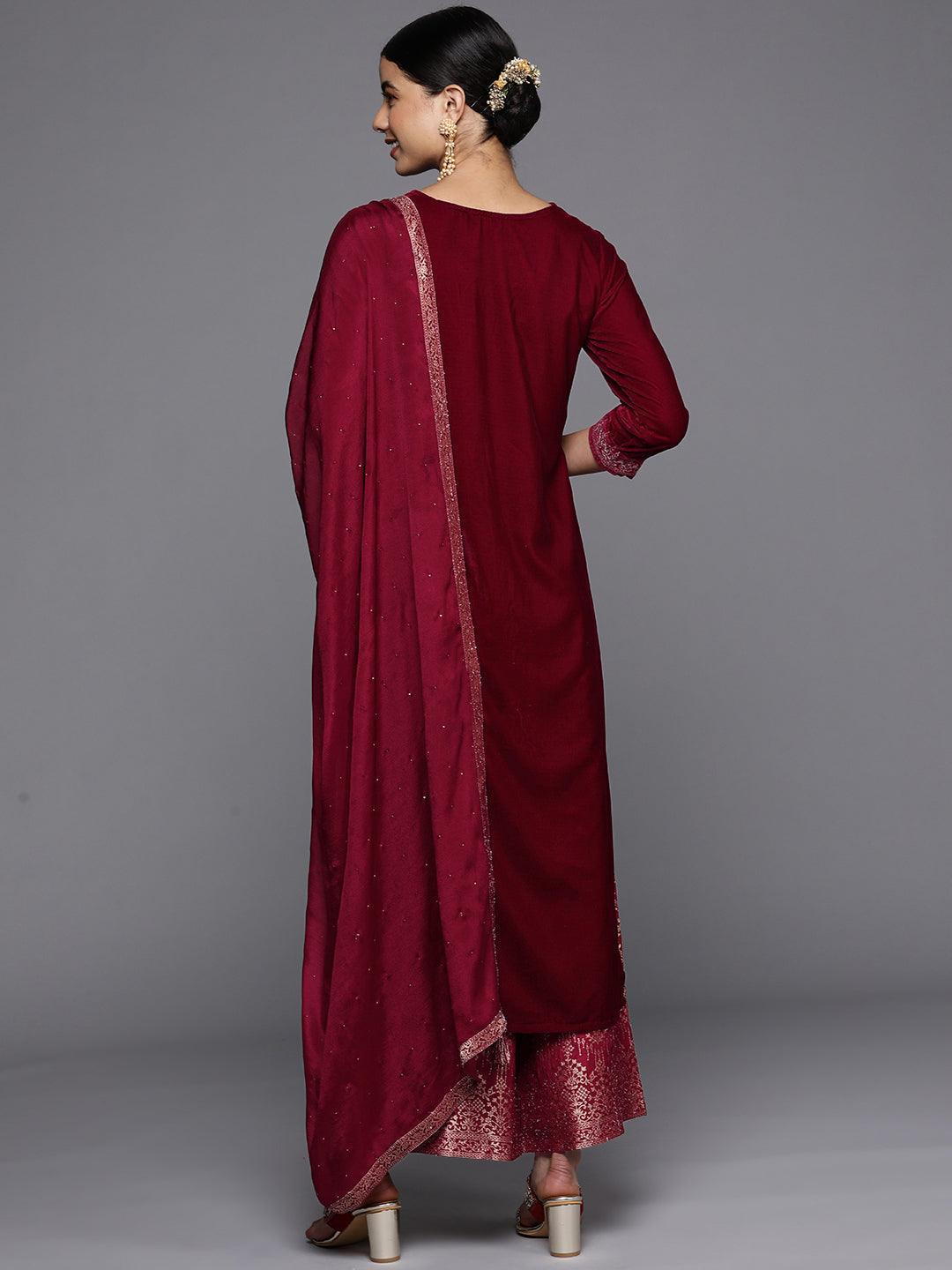 Maroon Yoke Design Velvet Straight Suit Set