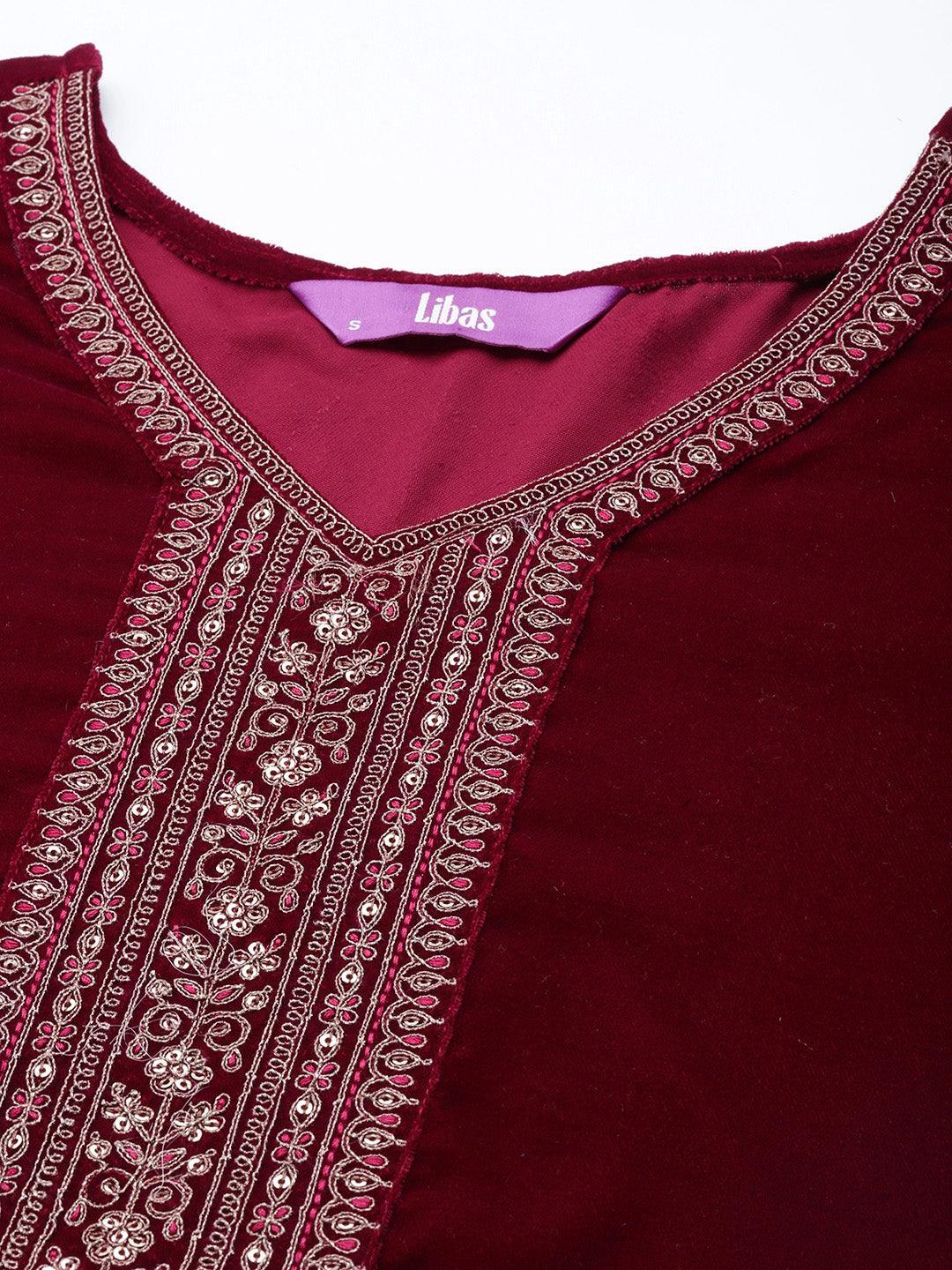 Maroon Yoke Design Velvet Straight Suit Set