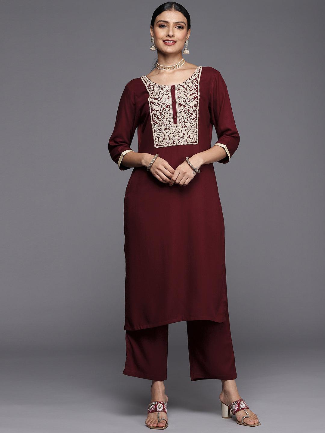 Maroon Yoke Design Wool Straight Kurta