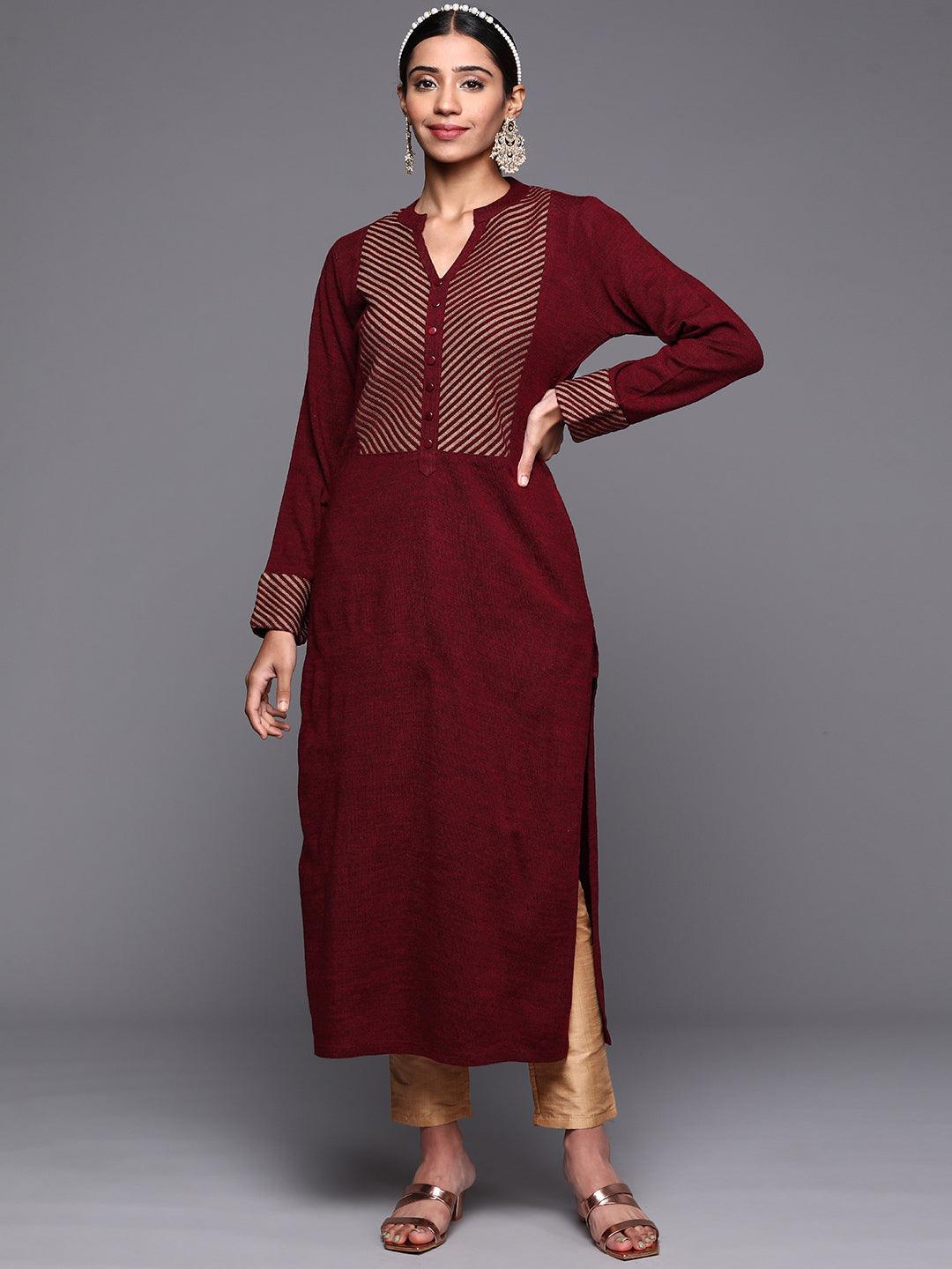 Maroon Yoke Design Wool Straight Kurta