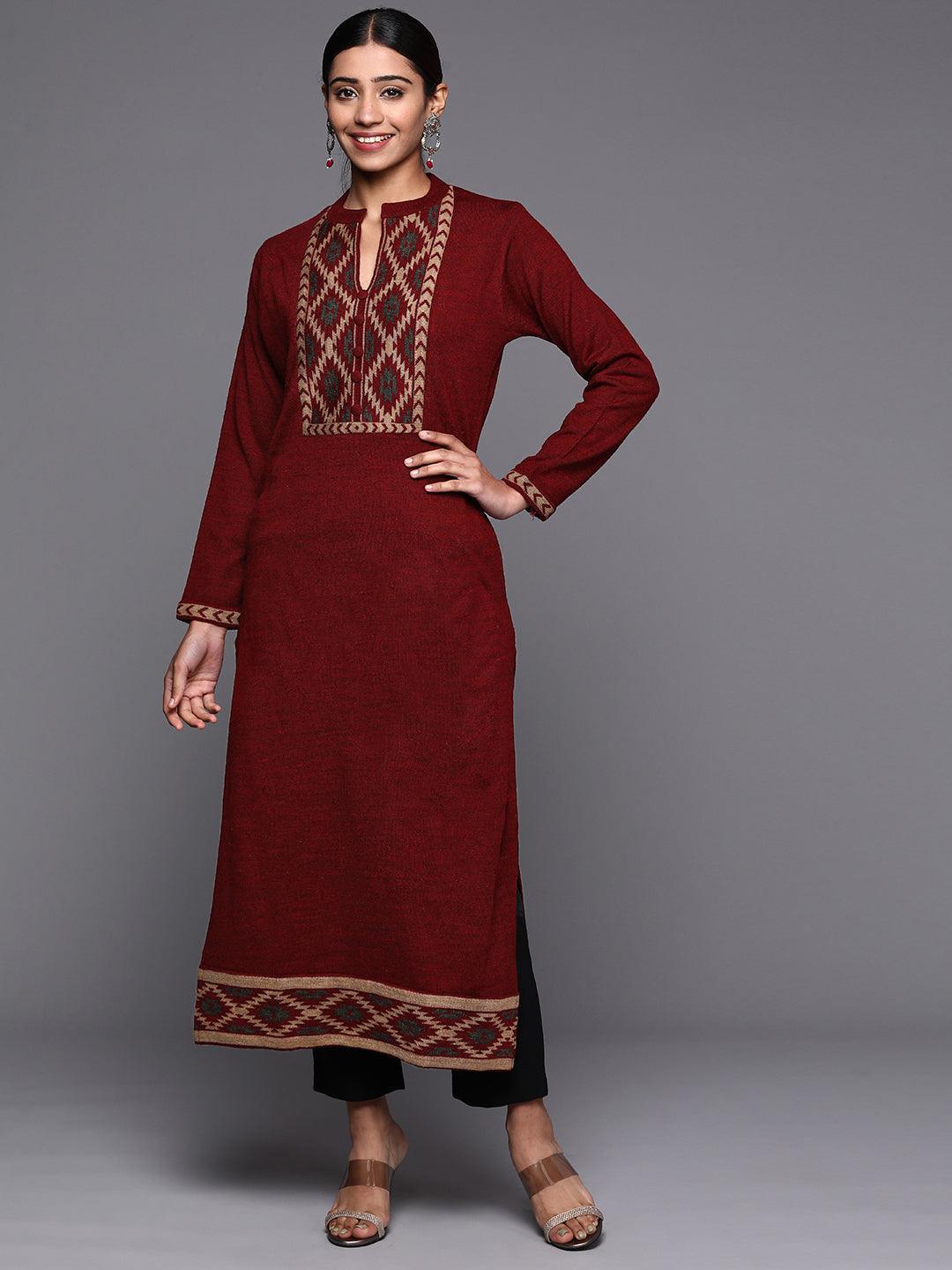 Maroon Yoke Design Wool Straight Kurta