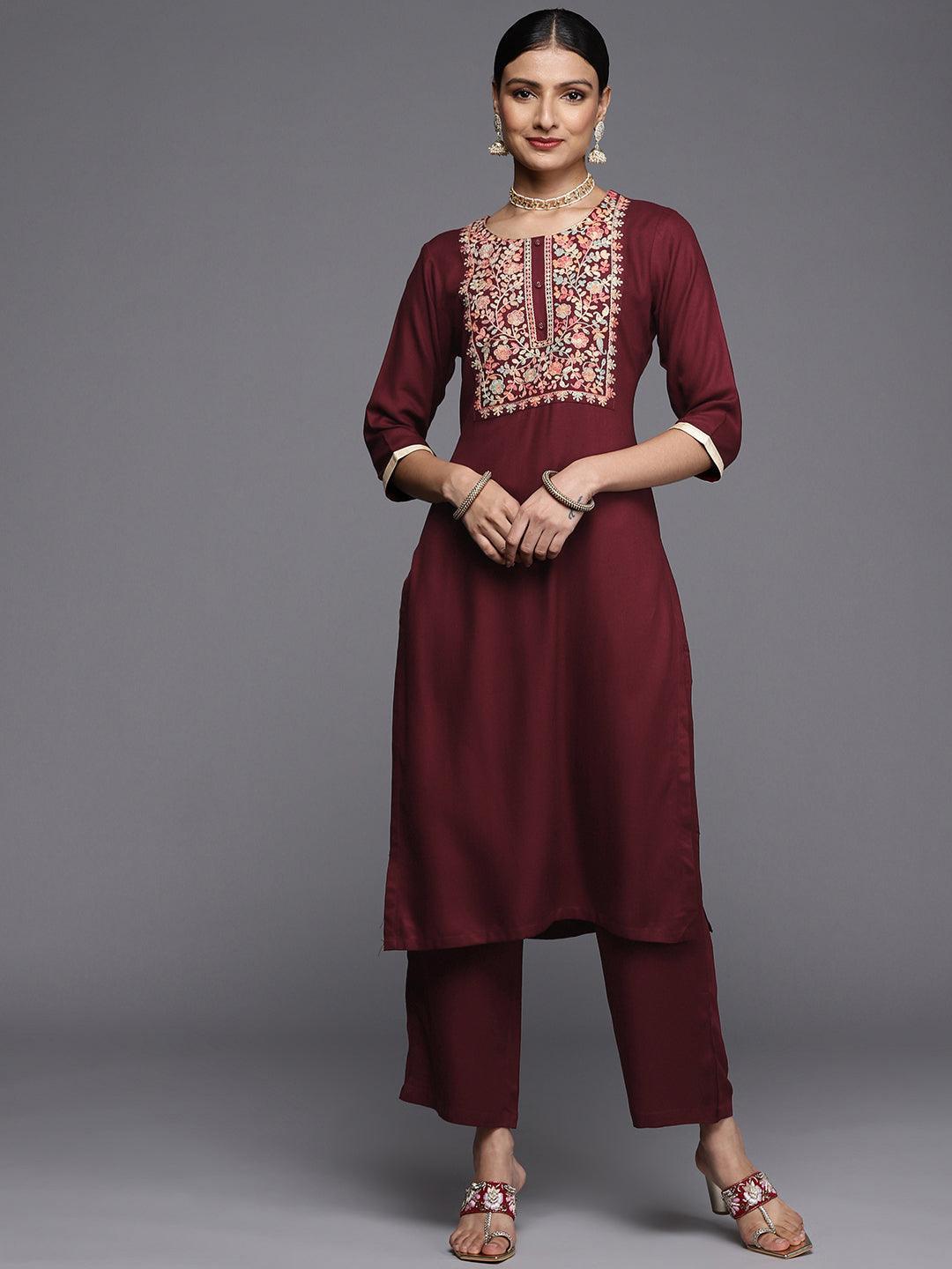 Maroon Yoke Design Wool Straight Kurta