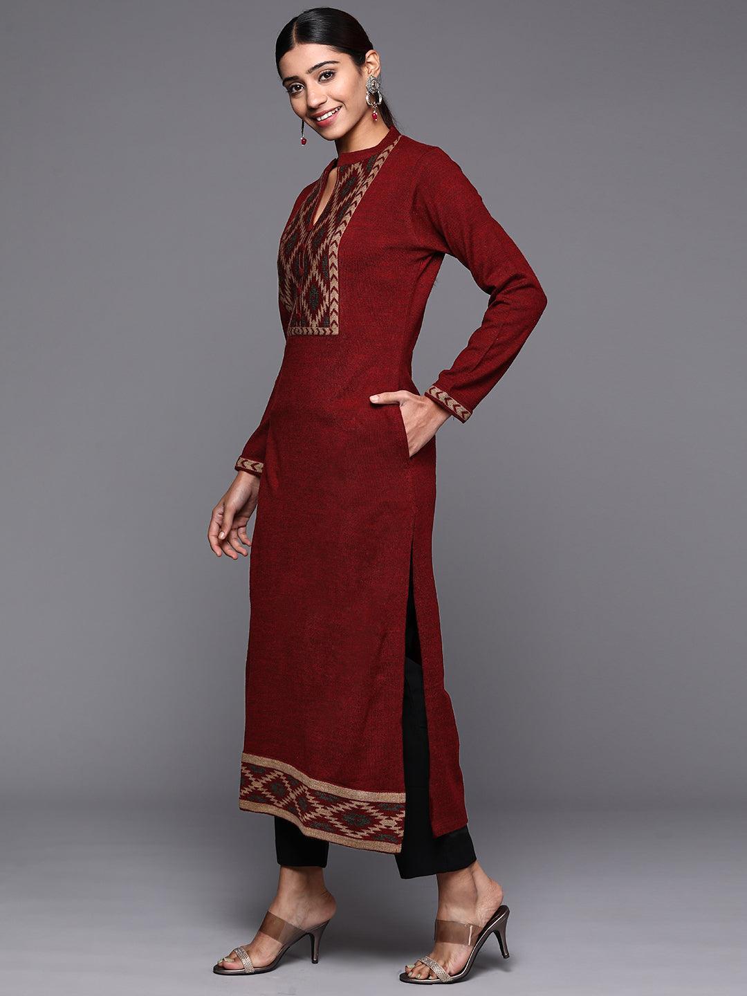 Maroon Yoke Design Wool Straight Kurta