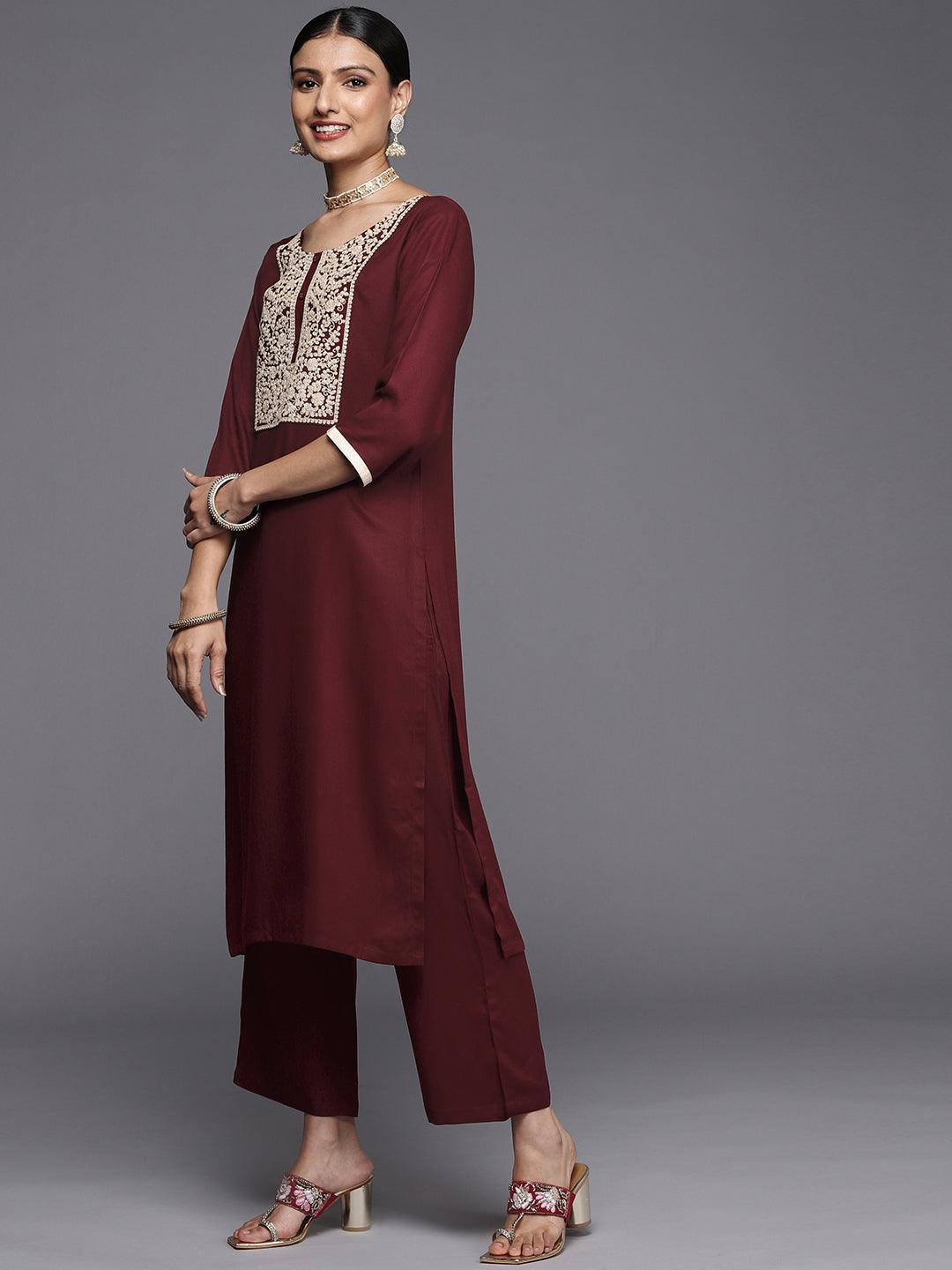 Maroon Yoke Design Wool Straight Kurta