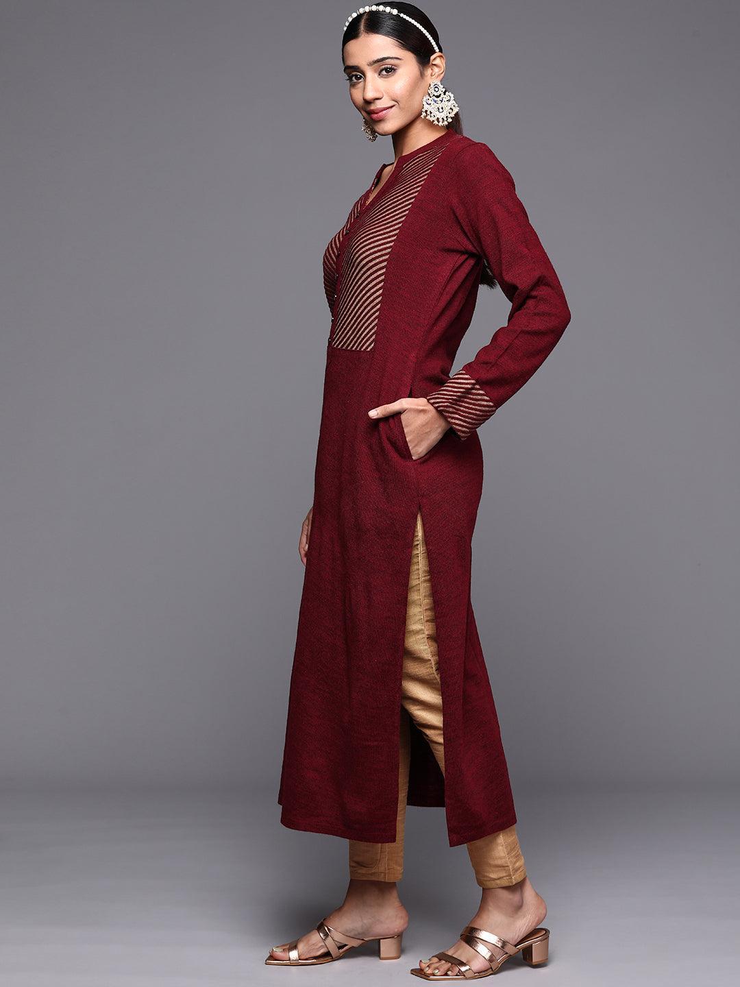 Maroon Yoke Design Wool Straight Kurta