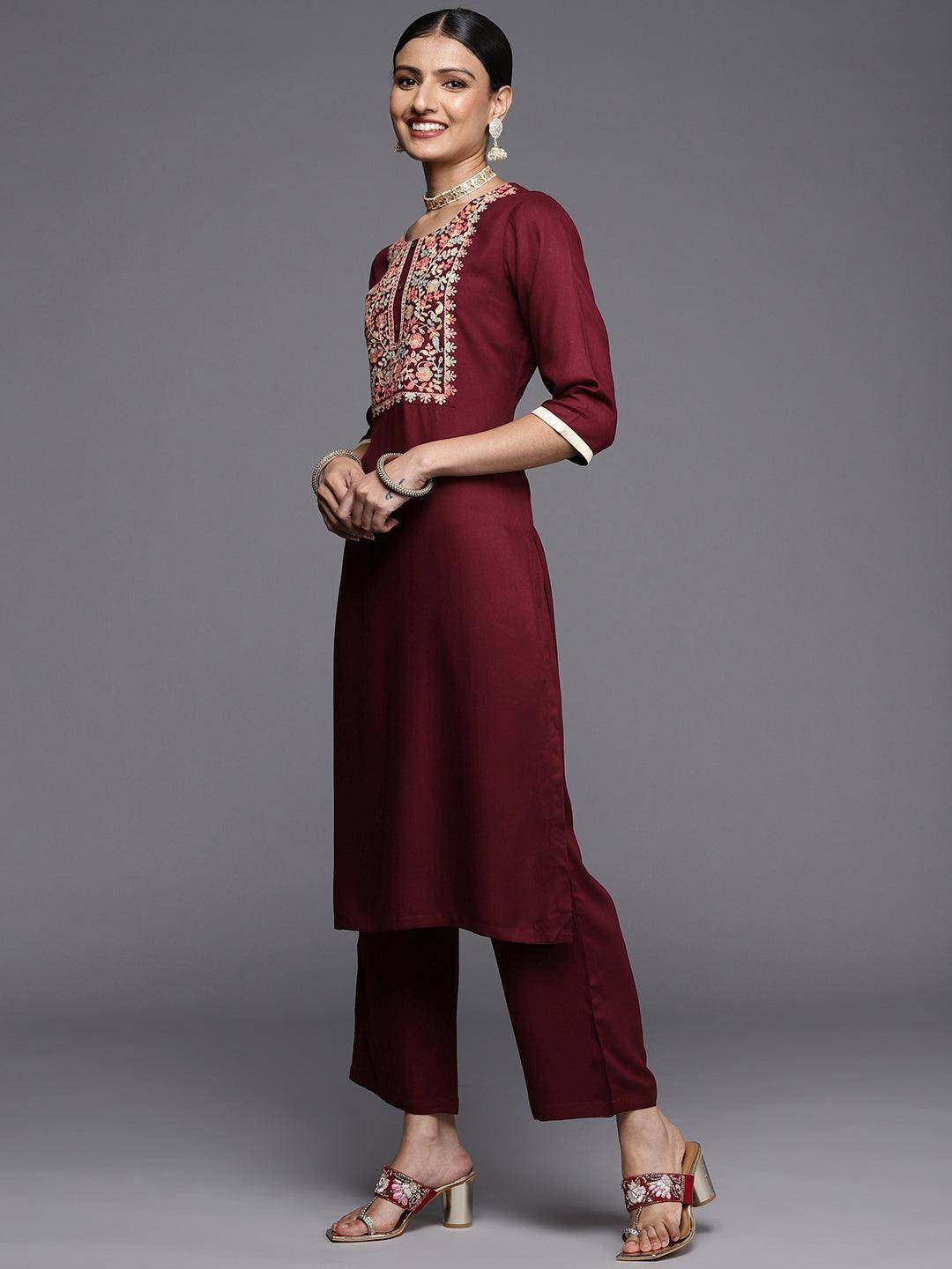 Maroon Yoke Design Wool Straight Kurta