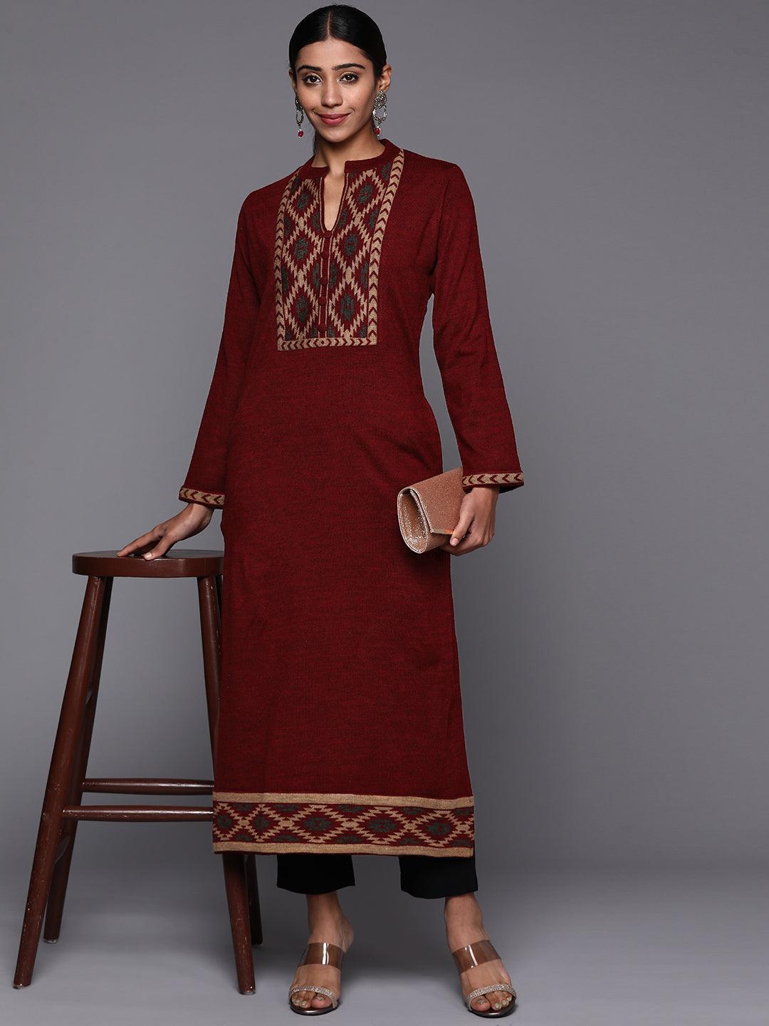 Maroon Yoke Design Wool Straight Kurta