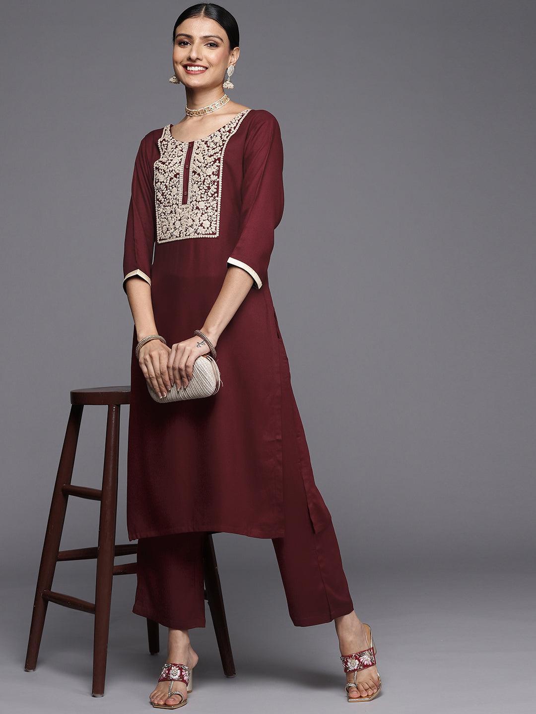 Maroon Yoke Design Wool Straight Kurta