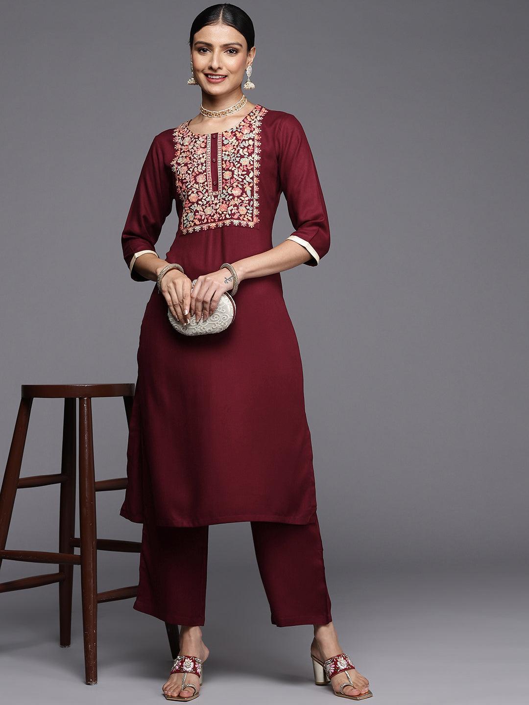 Maroon Yoke Design Wool Straight Kurta