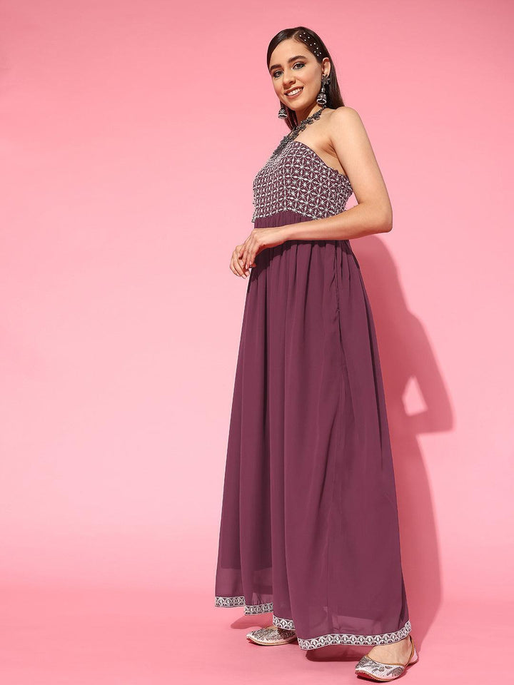 Mauve Embroidered Georgette Gown - Libas