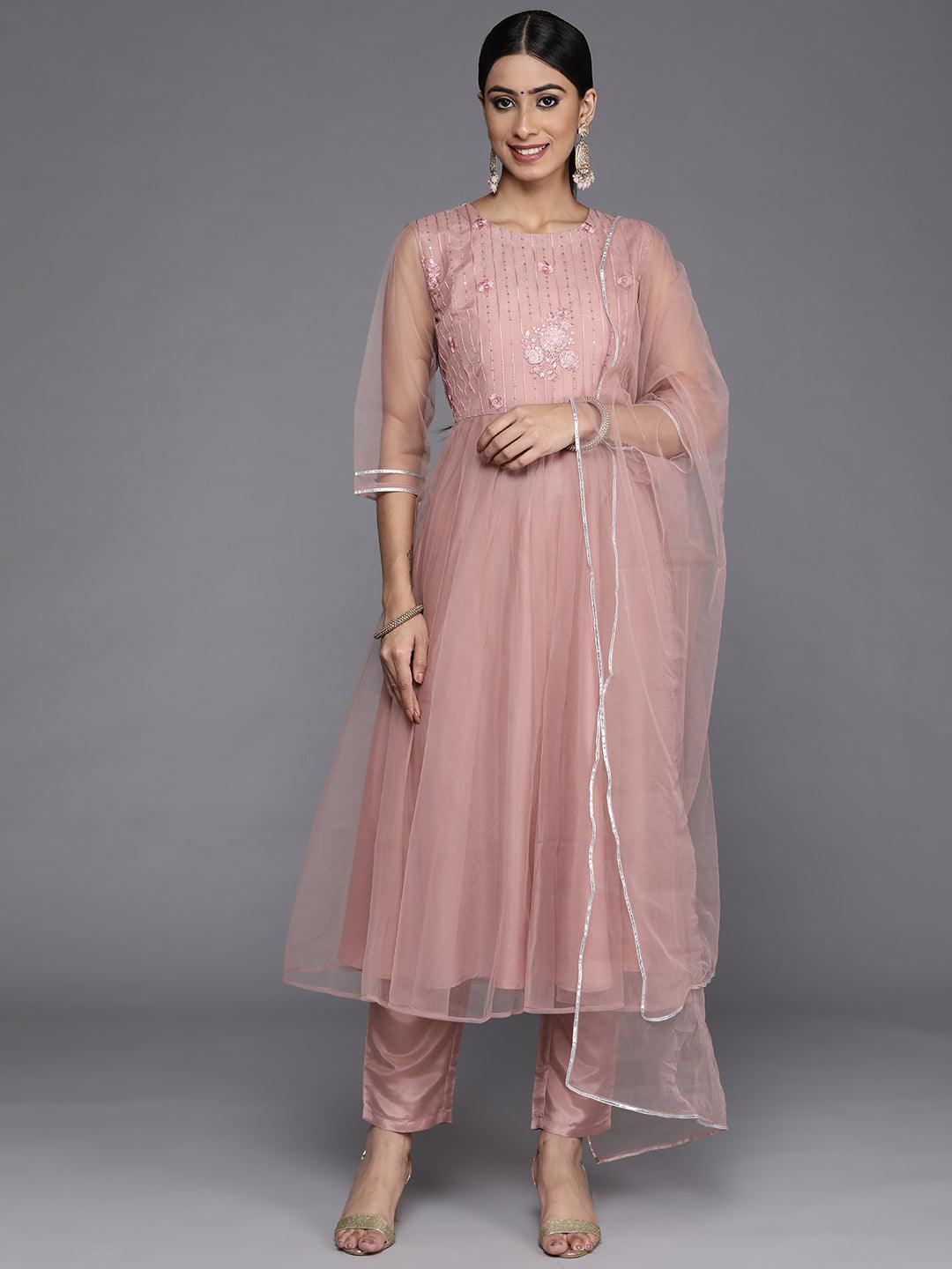 Mauve Embroidered Net Anarkali Kurta With Trousers & Dupatta